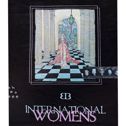 Close-up of screen print and embroidered graphic on BP PELIX International Women's Day Tee